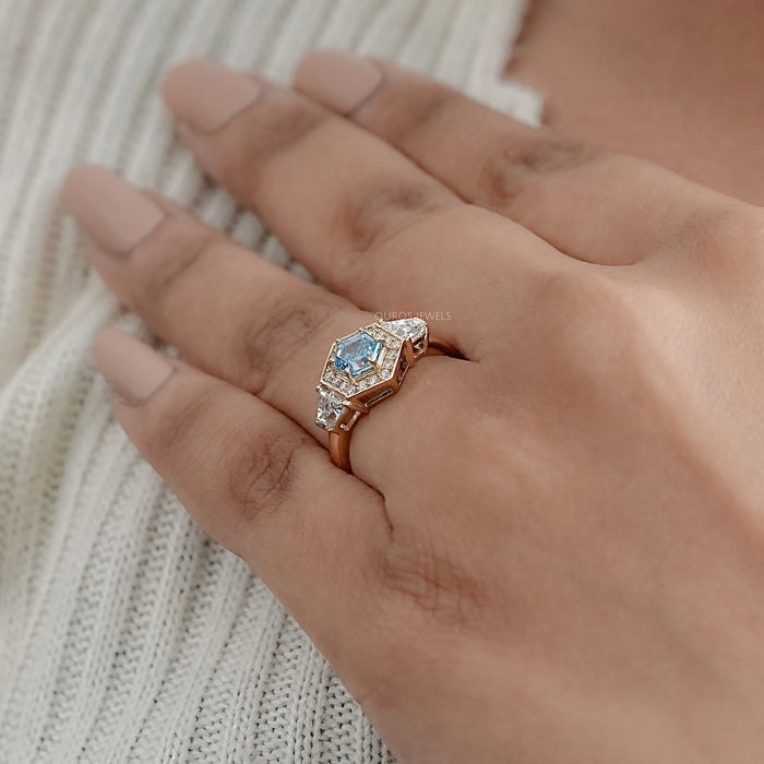 3 Stone Blue Hexagon Cut Halo Diamond Engagement Ring