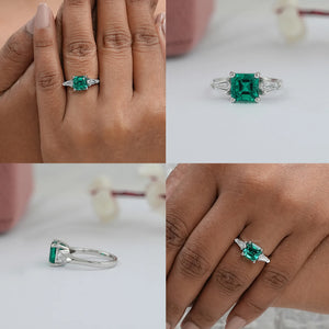 Asscher Cut Green Gemstone Three Stone Engagement Ring