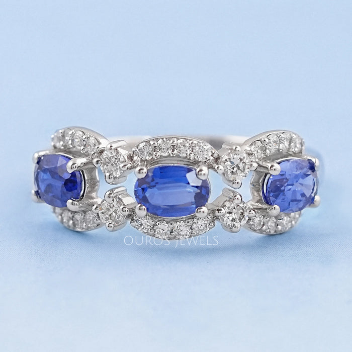 Oval Sapphire Halo Three Stone Engagement Ring 