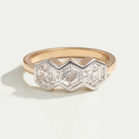 Three Stone Hexagon Cut Bezel Set Engagement Ring