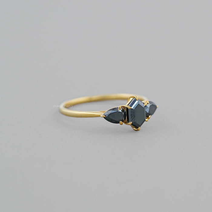 Black Hexagon Diamond Three Stone Engagement Ring