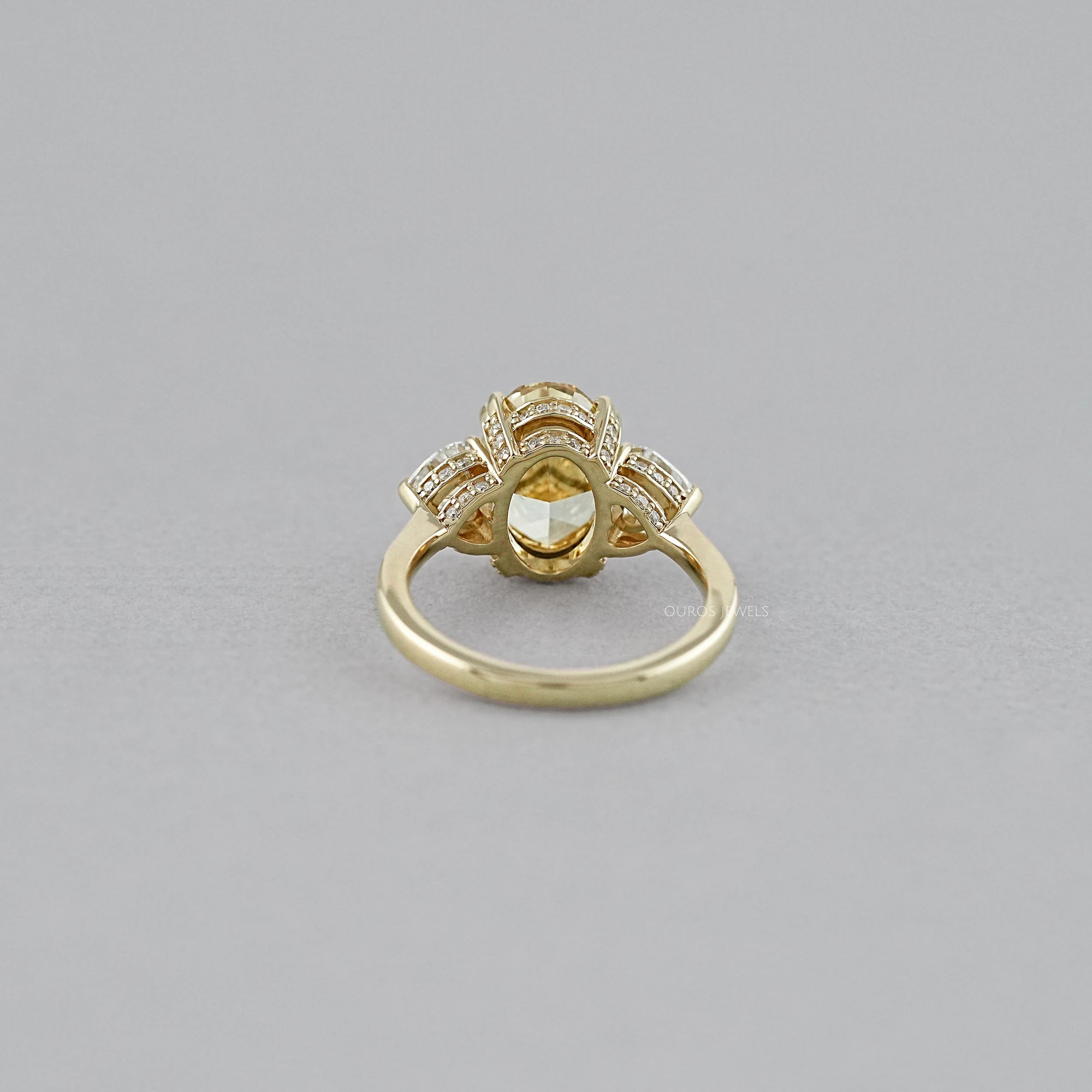 Fancy Vivid Yellow Oval Cut Hidden Halo Three Stone Ring Ring