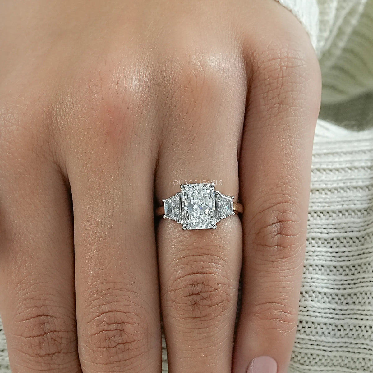 Three Stone Radiant And Trapezoid Lab Diamond Ring Ring