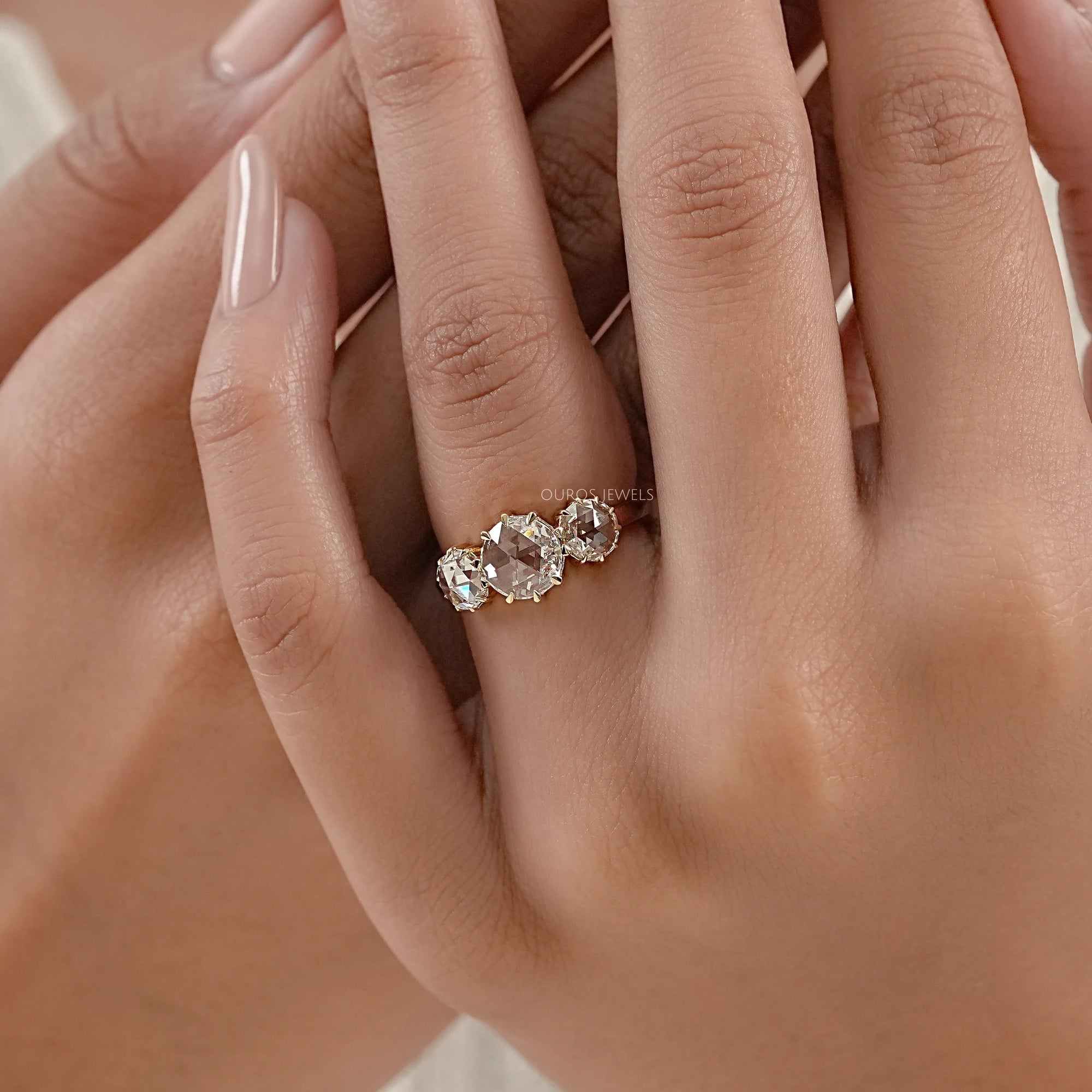 Three Stone Rose Cut Round Engagement Ring Ring