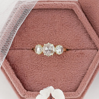 Three Stone Rose Cut Round Engagement Ring Ring