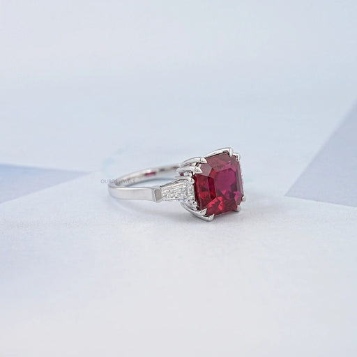 asscher cut ruby gemstone three stone engagement ring's right side view
