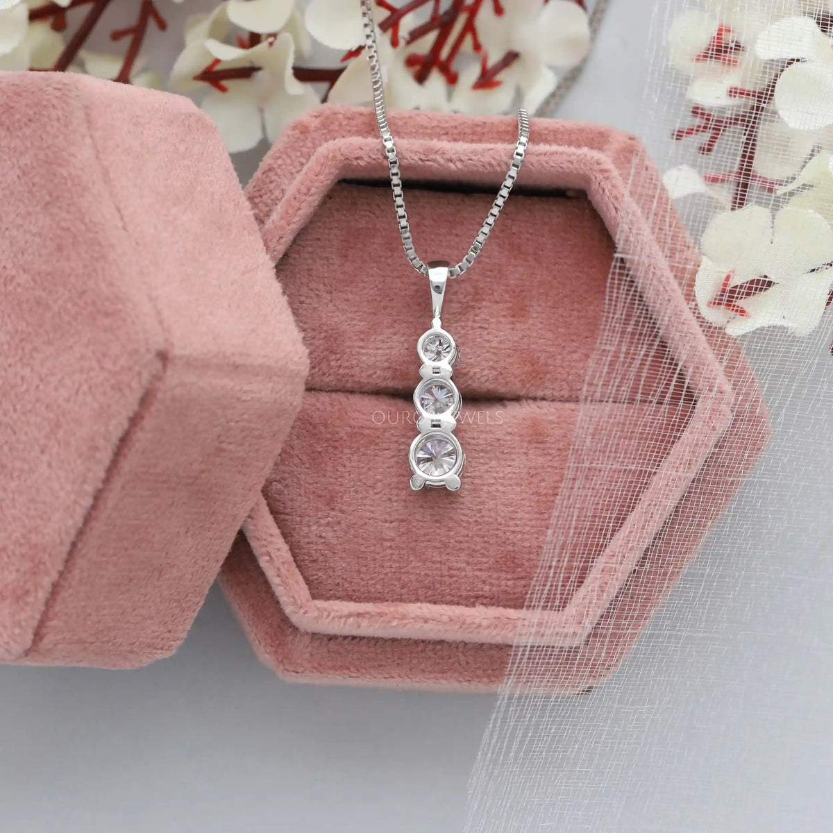 3 Stone Round Cut Lab Diamond Bar Pendant Necklaces