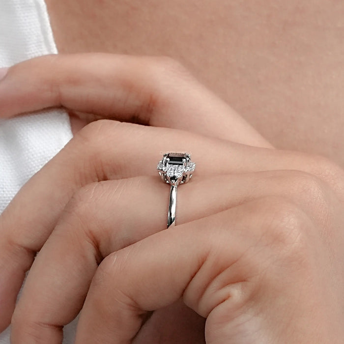 Black Asscher Cut Halo Diamond Engagement Ring