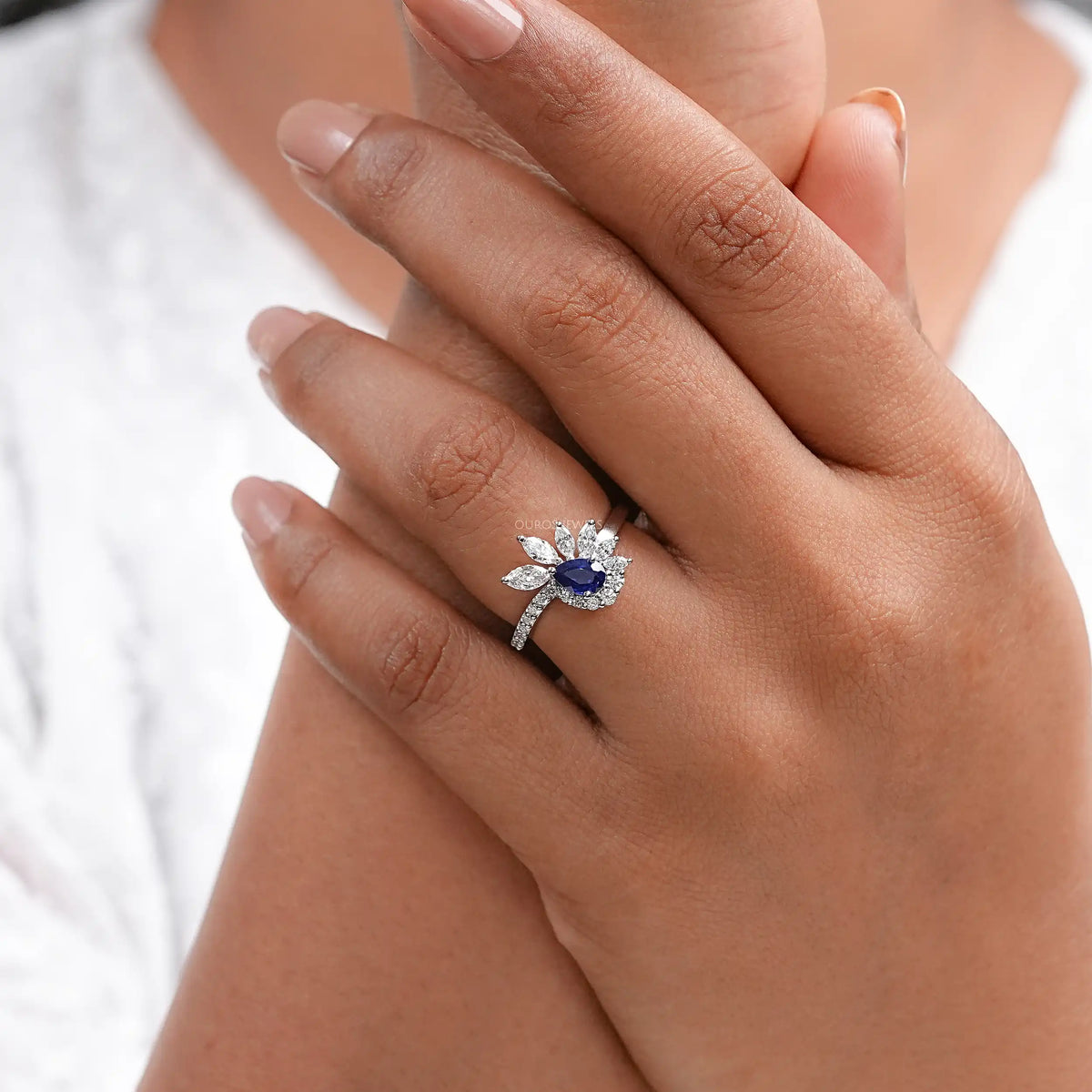Pear Cut Blue Sapphire Cluster Bypass Engagement Ring Ring