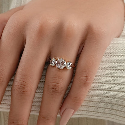 Three Stone Rose Cut Round Engagement Ring Ring