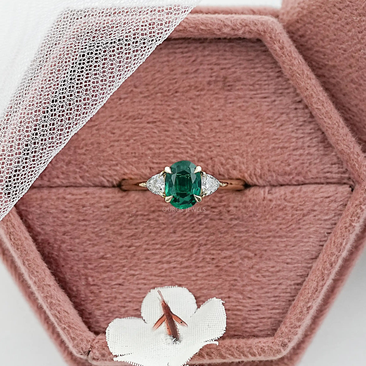 Trilogy Zambian Green Oval Gemstone And Trillion Cut Ring Ring