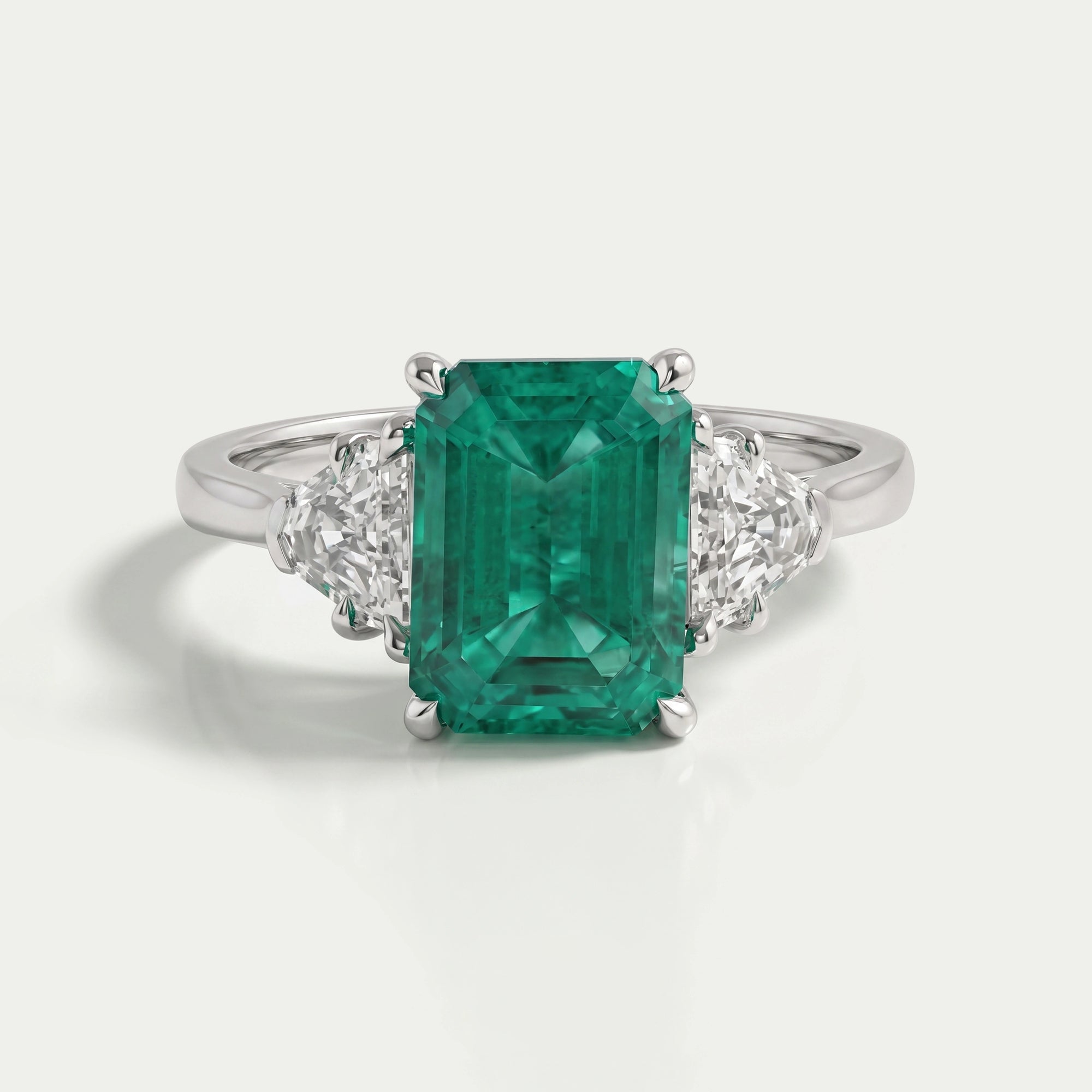 Green Emerald  With Antique Diamond Three Stone Ring