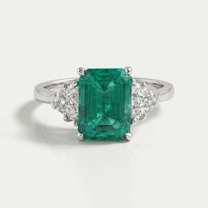 Green Emerald  With Antique Diamond Three Stone Ring