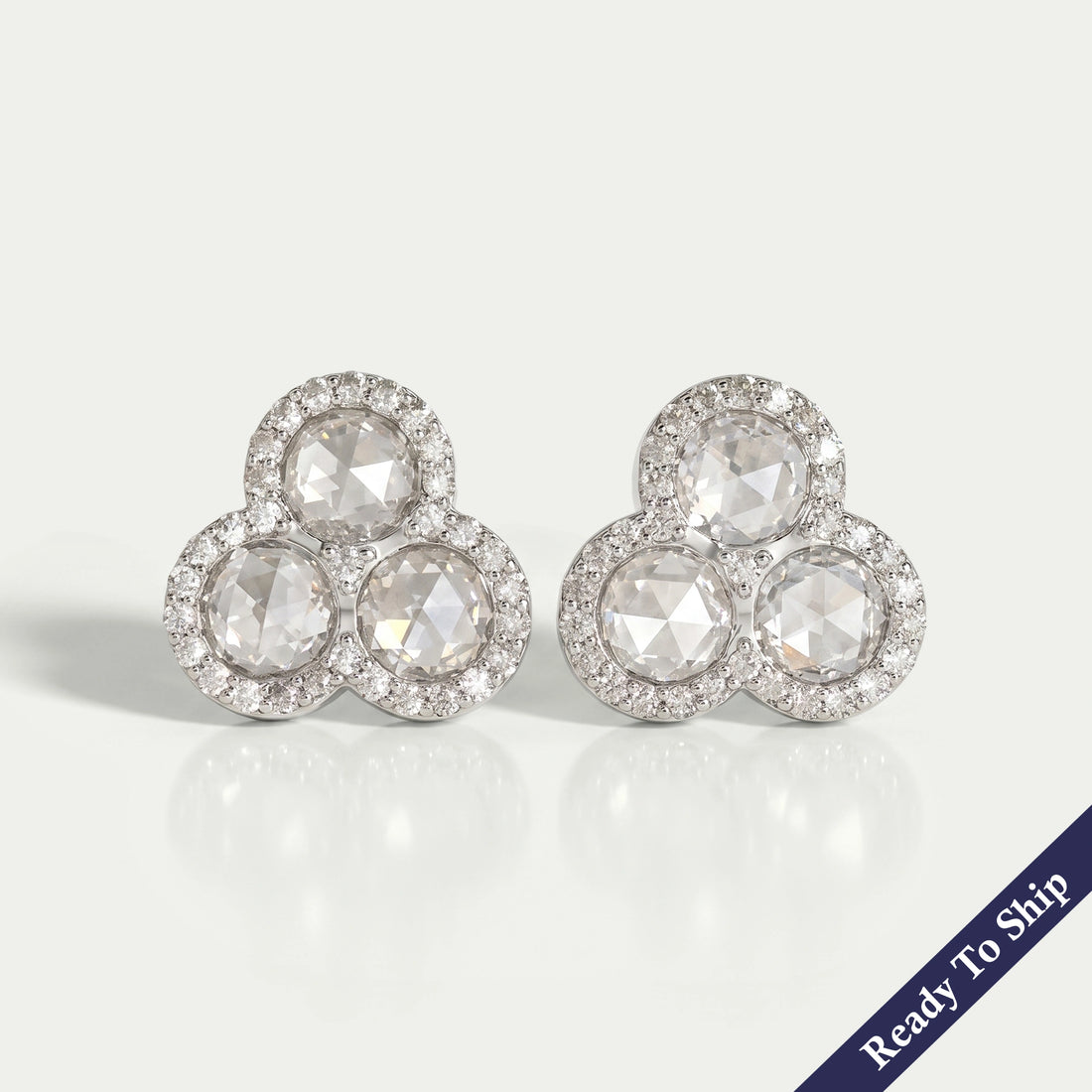 Trio Rose Cut Round Diamond Halo Stud Earrings Earring