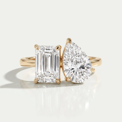 Pear And Emerald Diamond Two Stone Ring Ring