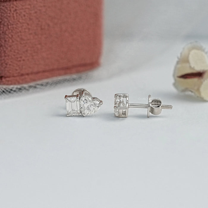Heart And Emerald Diamond Minimal Two Stone Studs