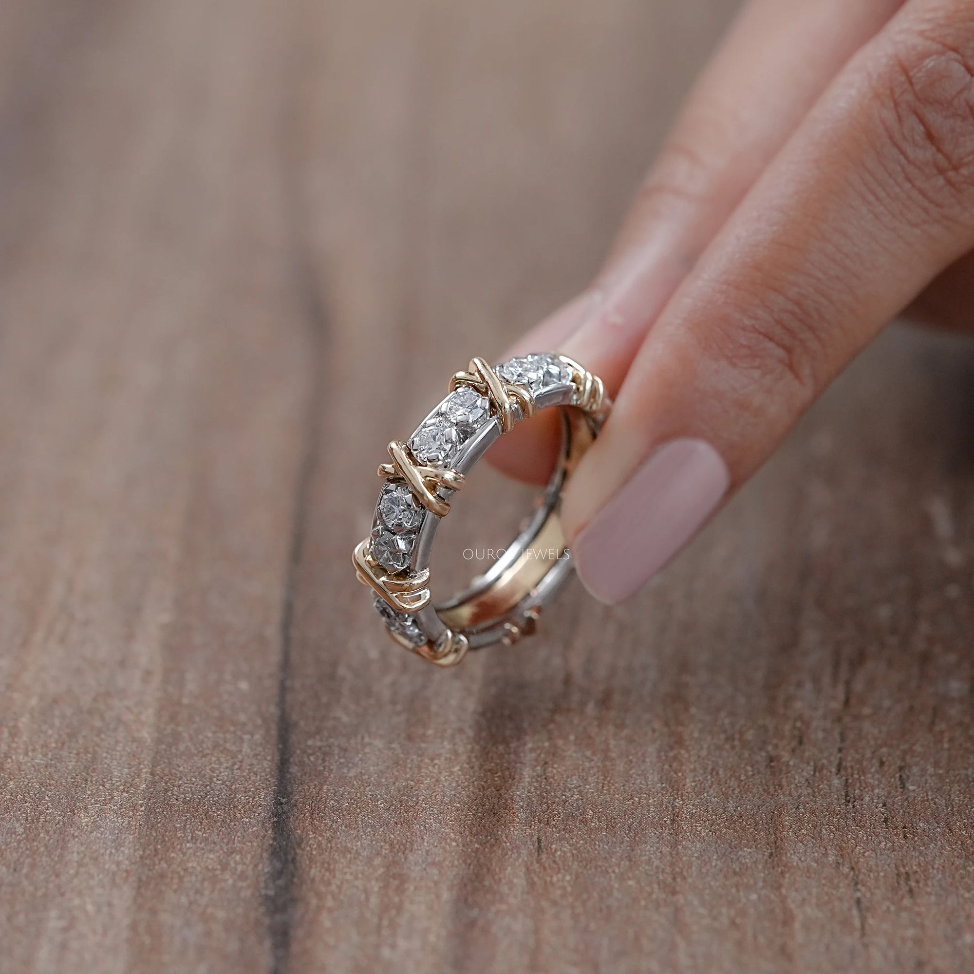 Two Tone Round Diamond Crossover Eternity Wedding Band Rings