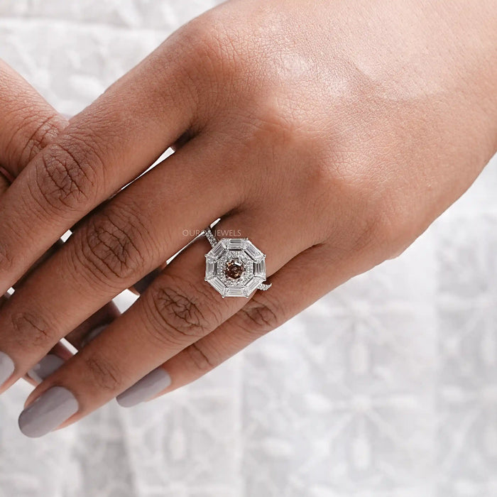 Brown Octagon Diamond Double Halo Ring