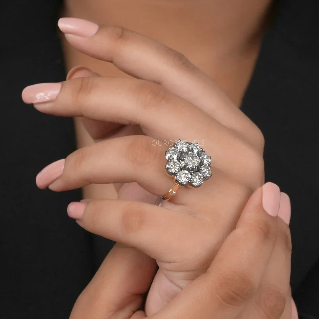 Old European Round Cut Black Coating Flower Engagement Ring Ring