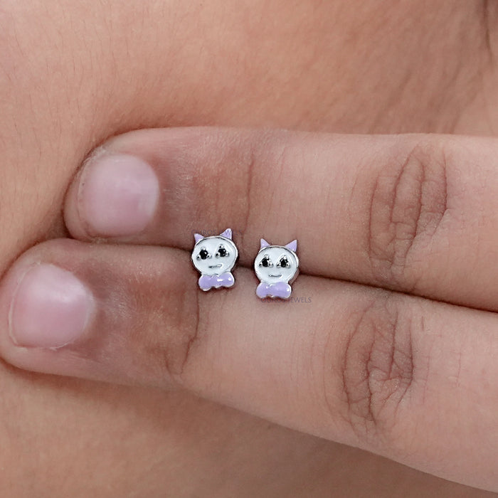 Enamel Cat Shape Black Diamond Stud Earrings