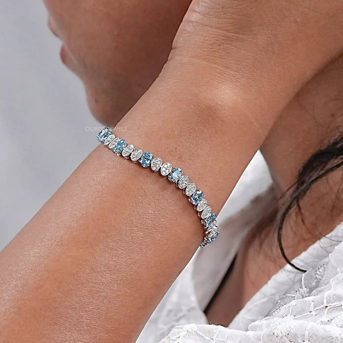 Alternating Blue Oval & Round Diamond Tennis Bracelet