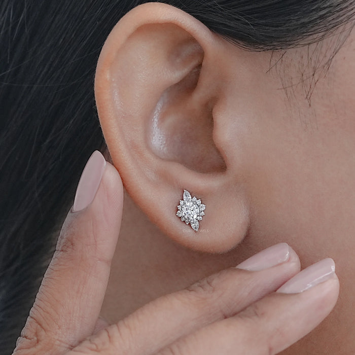 Round And Marquise Diamond Cluster Stud Earrings