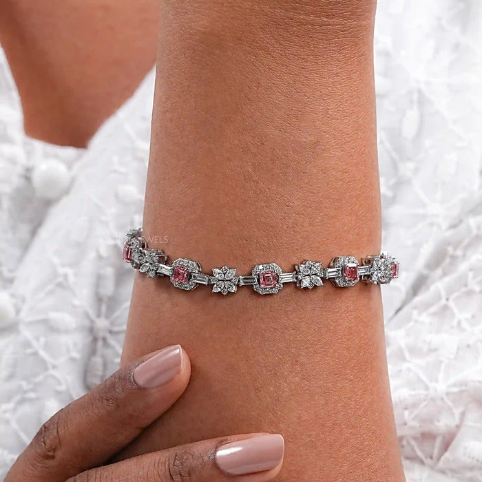 Pink Asscher and Pear Diamond Flower Bracelet