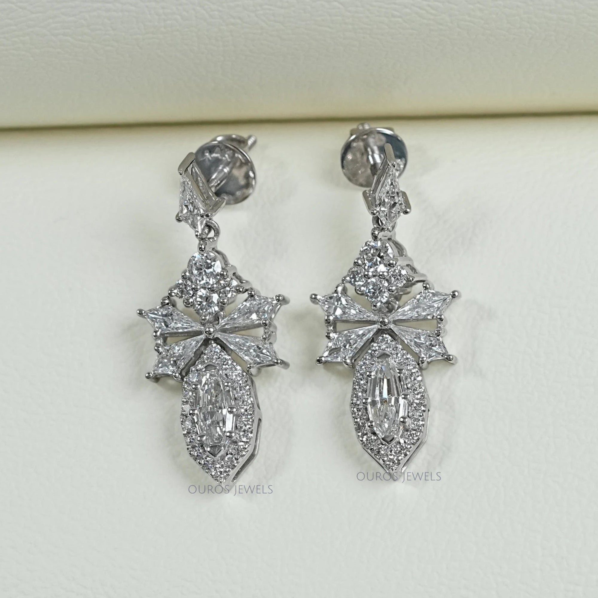 Step Cut Oval Diamond Cluster Dangle Drop Earrings