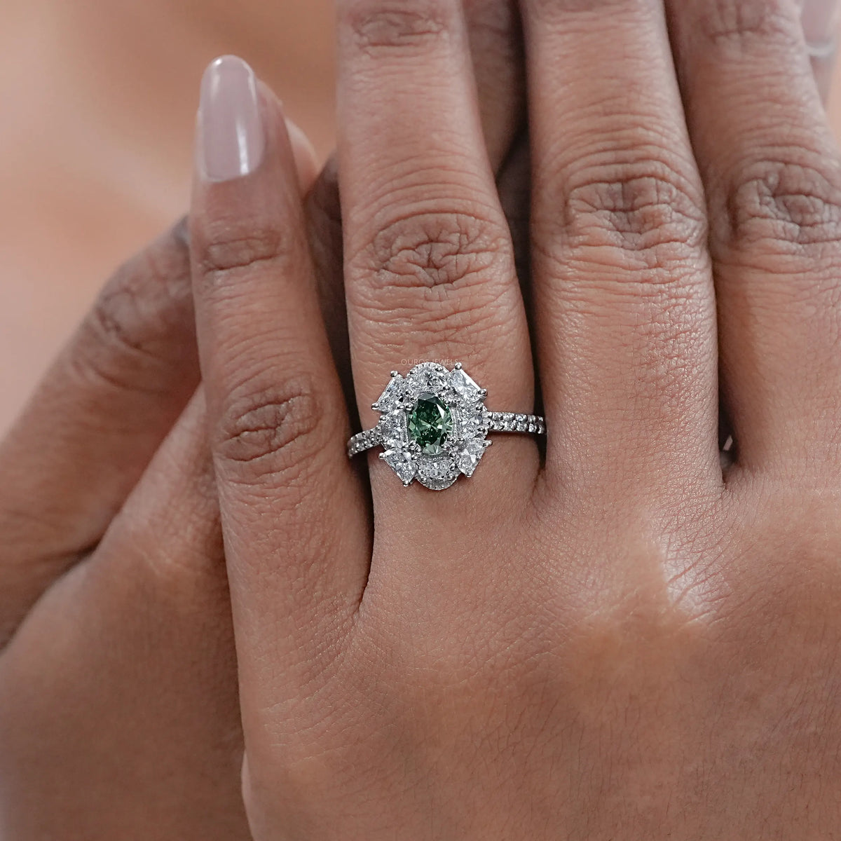 Green Oval Cut Half Moon Halo Engagement Ring Rings
