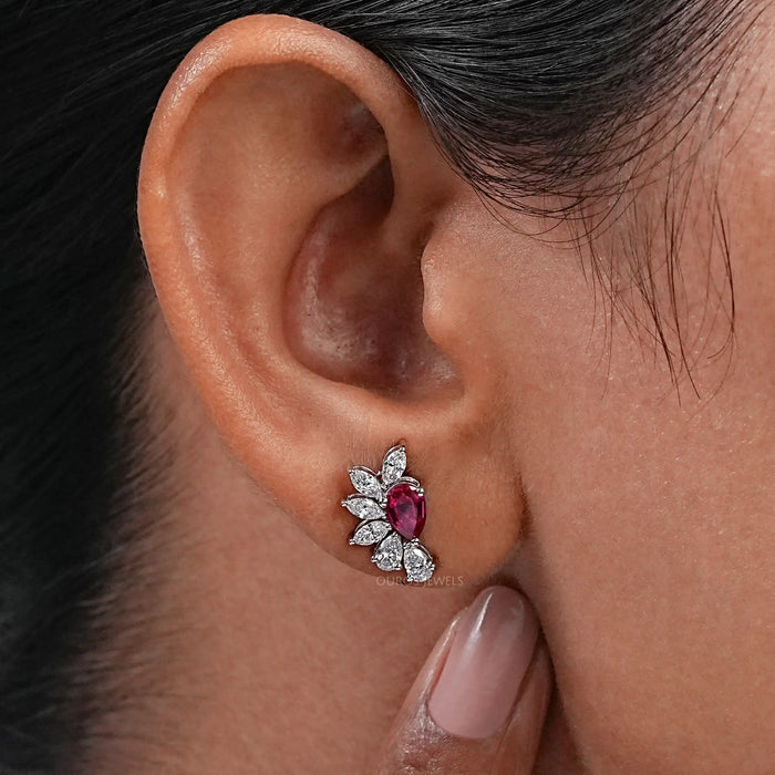 Pear Ruby Gemstone And Marquise Diamond Earrings 