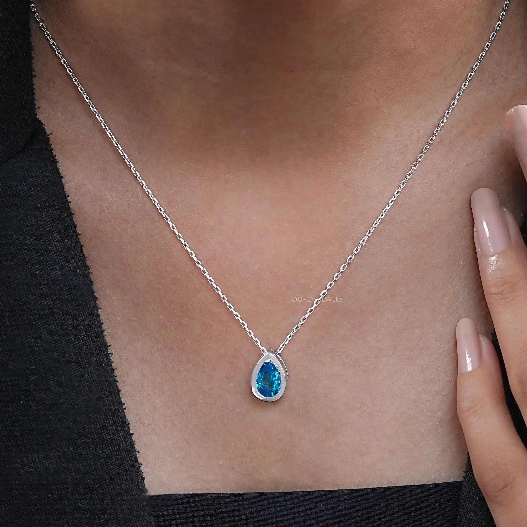 Aqua Blue Pear Gemstone Bezel Set Solitaire Pendant Necklaces