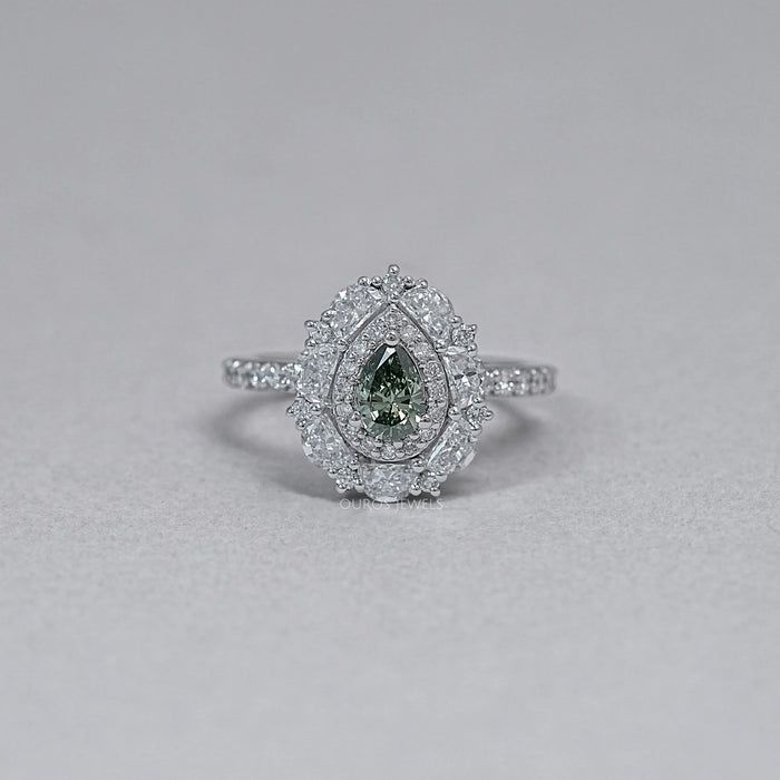 Green Pear Cut Surround Double Halo Diamond Engagement Ring