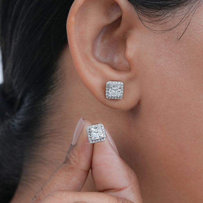 Lab Princess Diamond Halo Stud Earrings