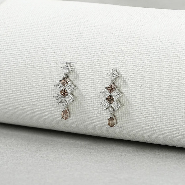 Brown Princess Cut Cluster Diamond Drop Earrings