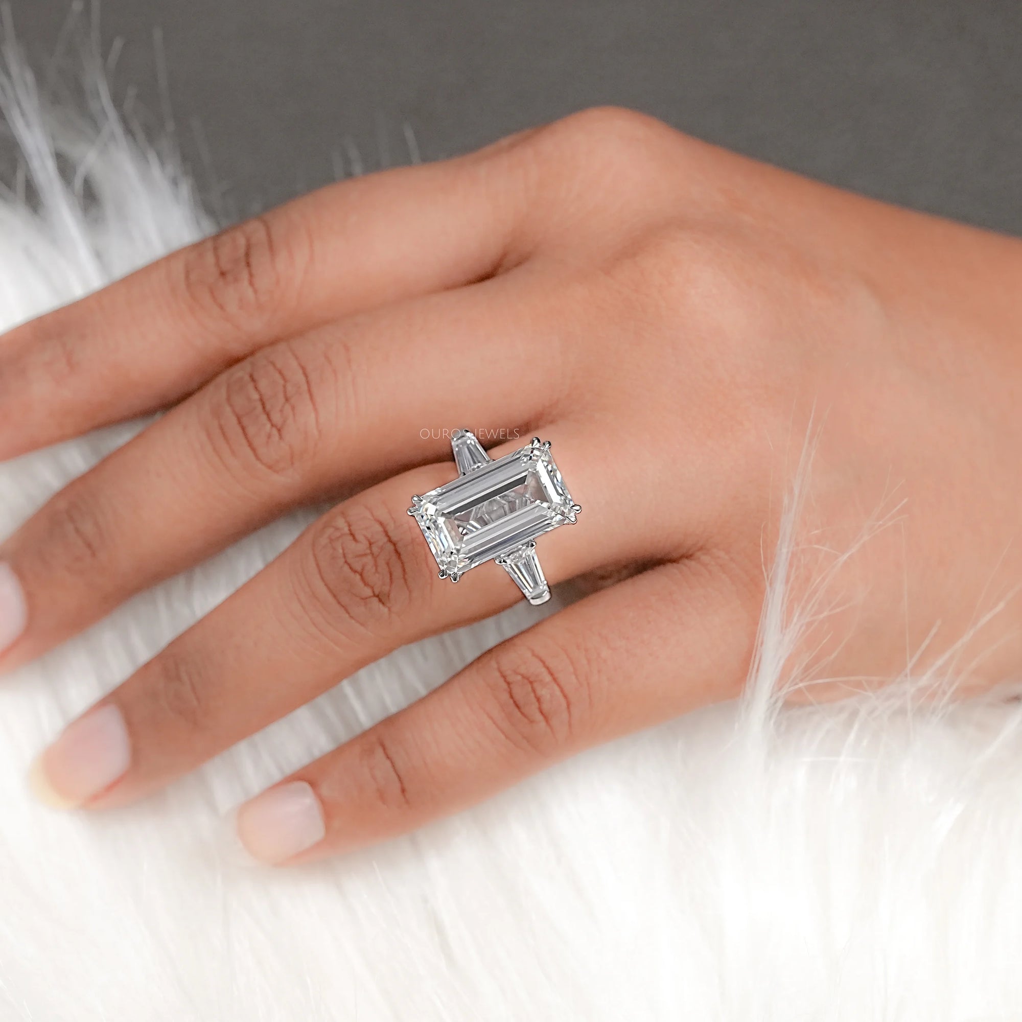 Emerald Three Stone Engagement Ring - Tapered Baguette Rings