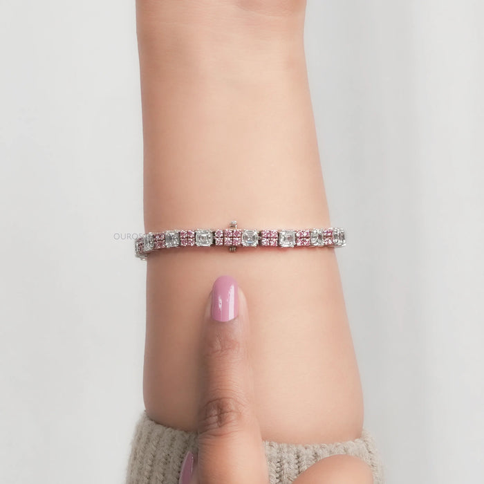 Pink Round & Asscher Cut Diamond Link Bracelet