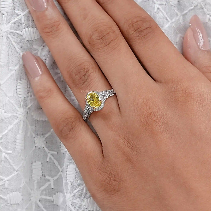 Yellow Oval Diamond Halo Split Shank Engagement  Ring