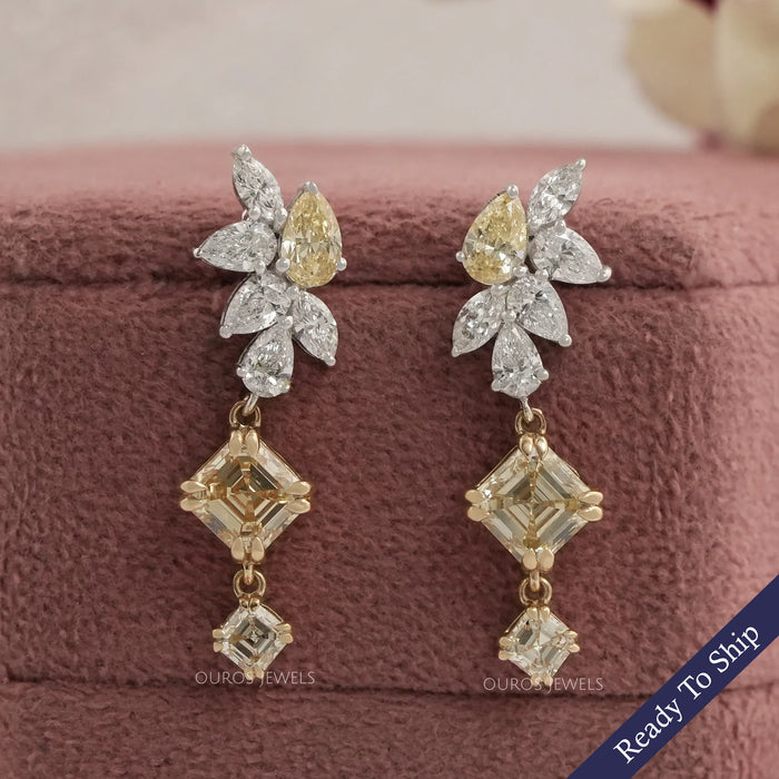 Yellow Asscher And Pear Lab Diamond Drop Earrings