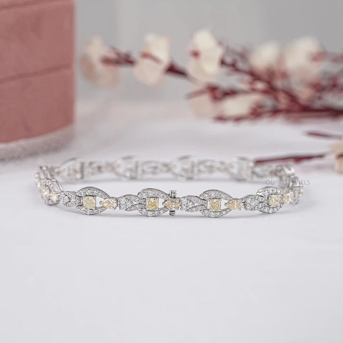 Yellow Cushion Lab Diamond Halo Link Tennis Bracelet