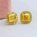front view yellow cushion cut man made diamond stud earrings halo