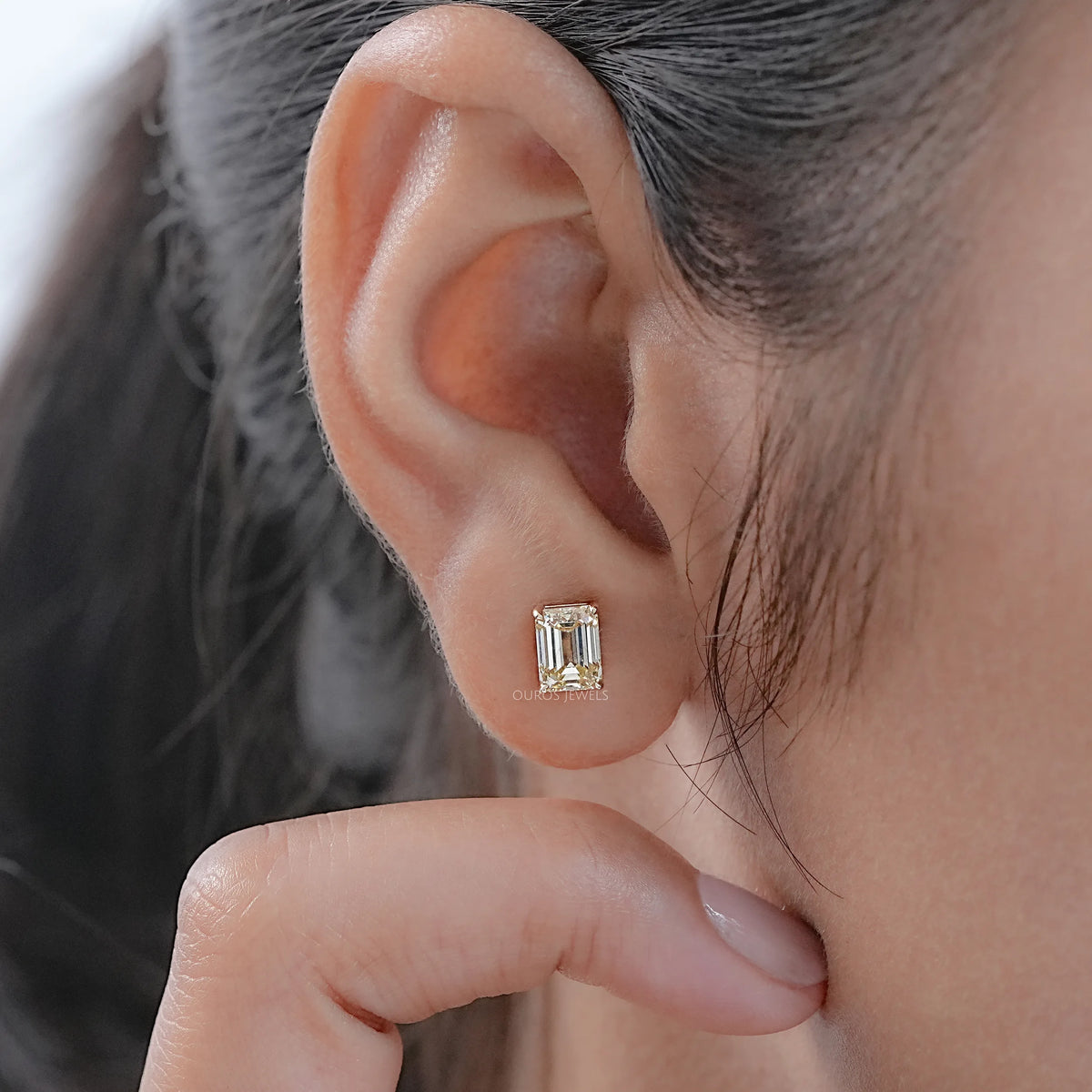 Yellow Emerald Cut Lab Diamond Stud Earrings Earrings