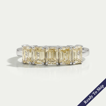 5 Stone Yellow Emerald Cut Wedding Ring