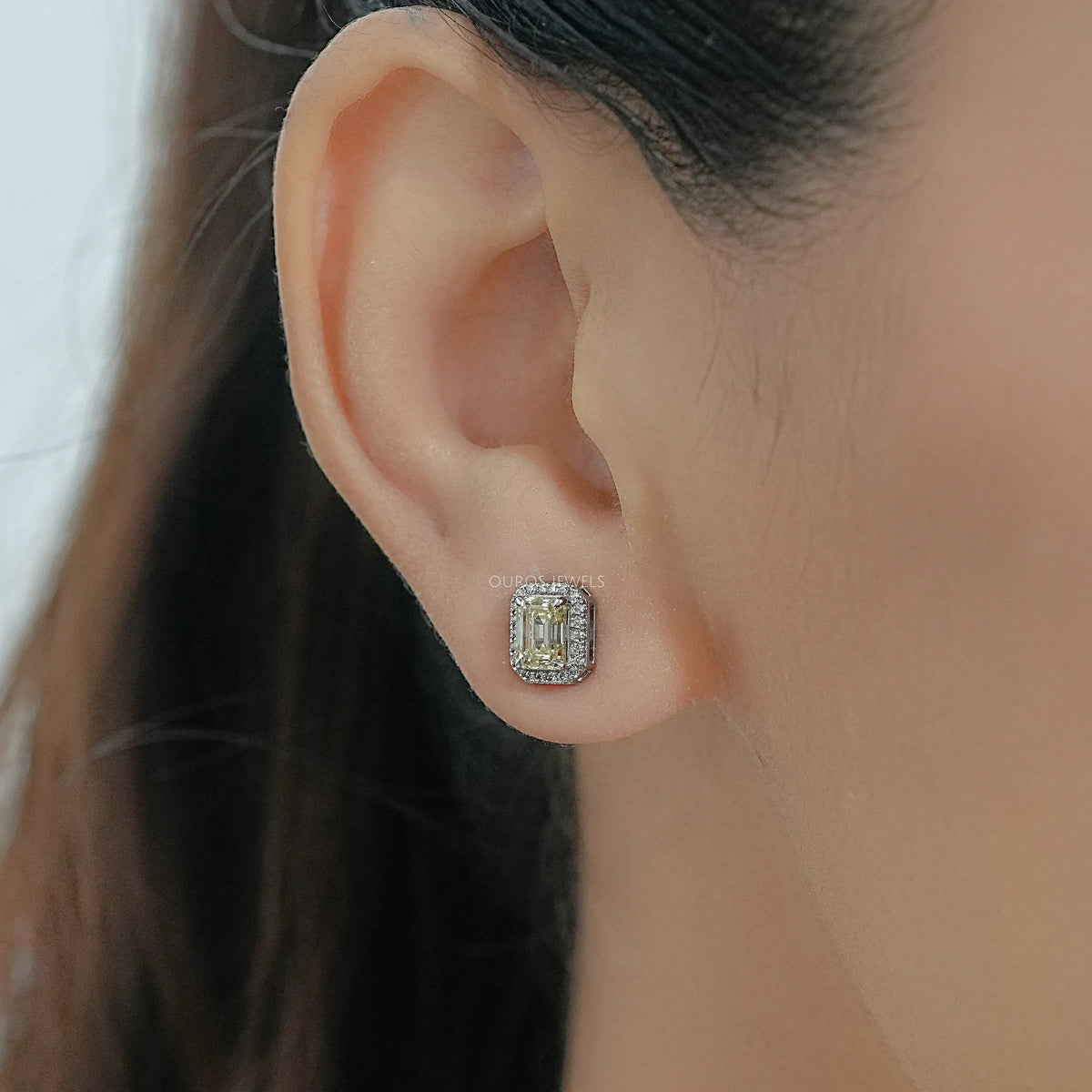 Yellow Emerald Lab Diamond Halo Stud Earrings Earrings