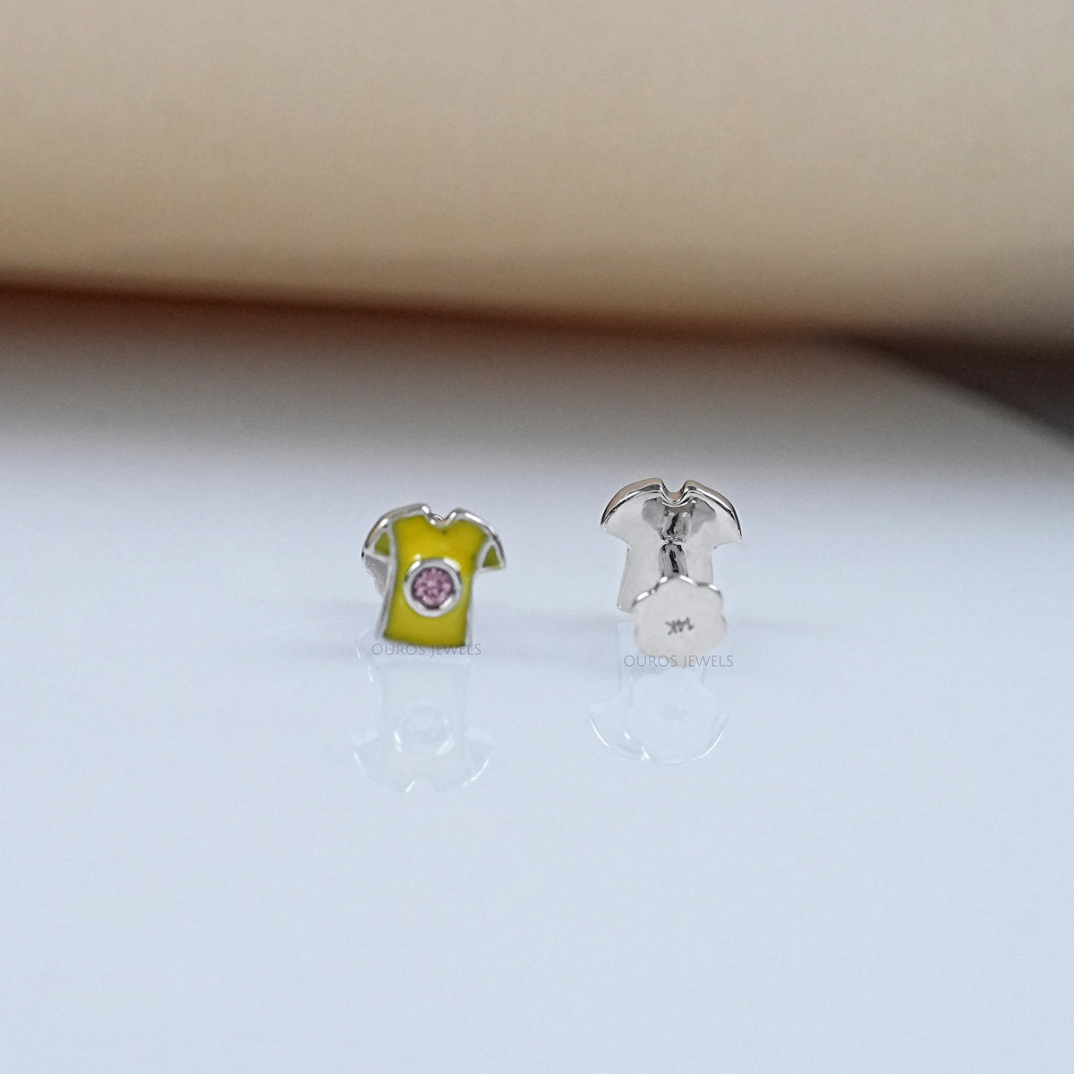 Pink Lab Diamond Yellow Enamel T shirt Stud For Kids