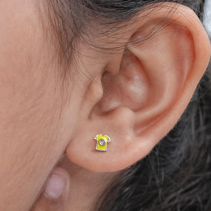 Pink Lab Diamond Yellow Enamel T shirt Stud For Kids