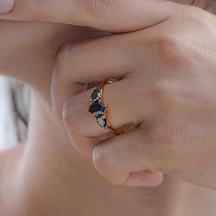 Black Hexagon Diamond Three Stone Engagement Ring