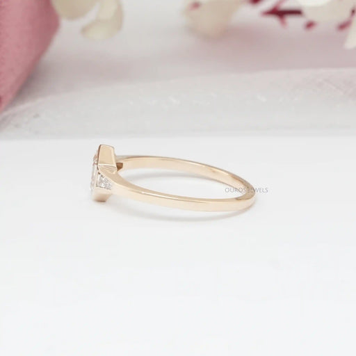 portrait hexagon lab diamond 3 stone bezel set wedding ring's side view