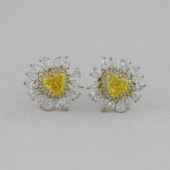 Yellow Heart Lab Diamond Double Halo Stud Earrings