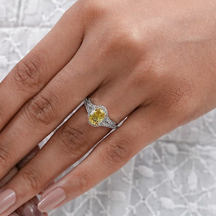 Yellow Oval Diamond Halo Split Shank Engagement  Ring