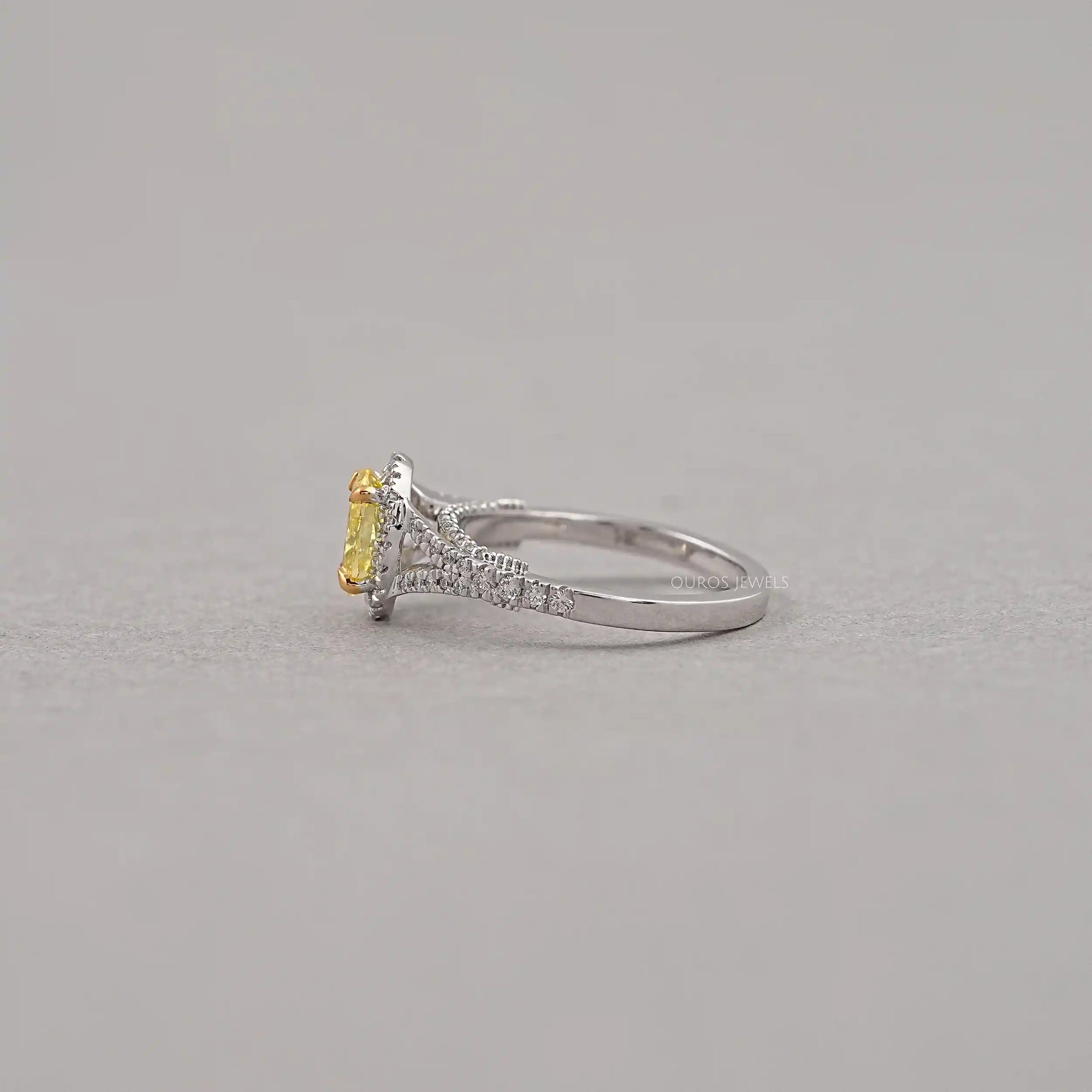Yellow Oval Diamond Halo Split Shank Engagement Ring